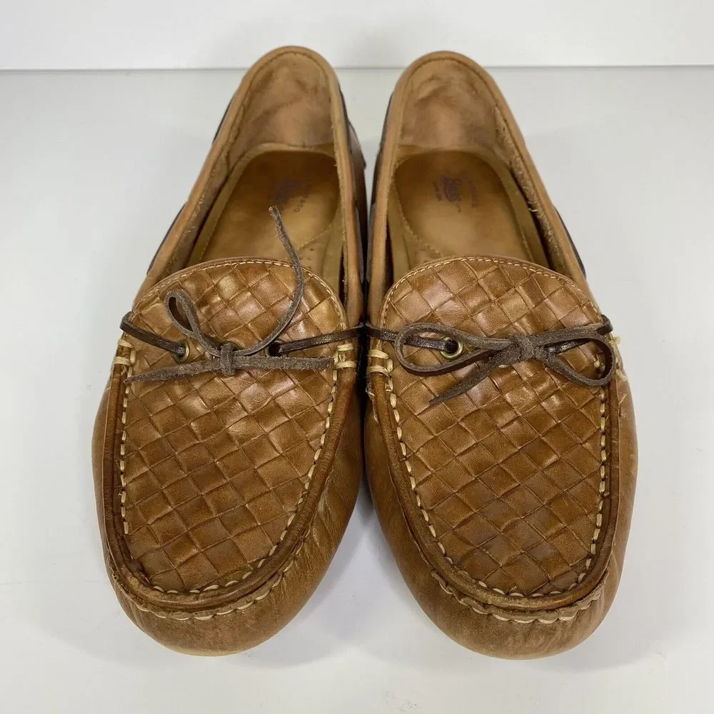 Bass Women's Woven Leather Driving Moccasins in Cognac Brown